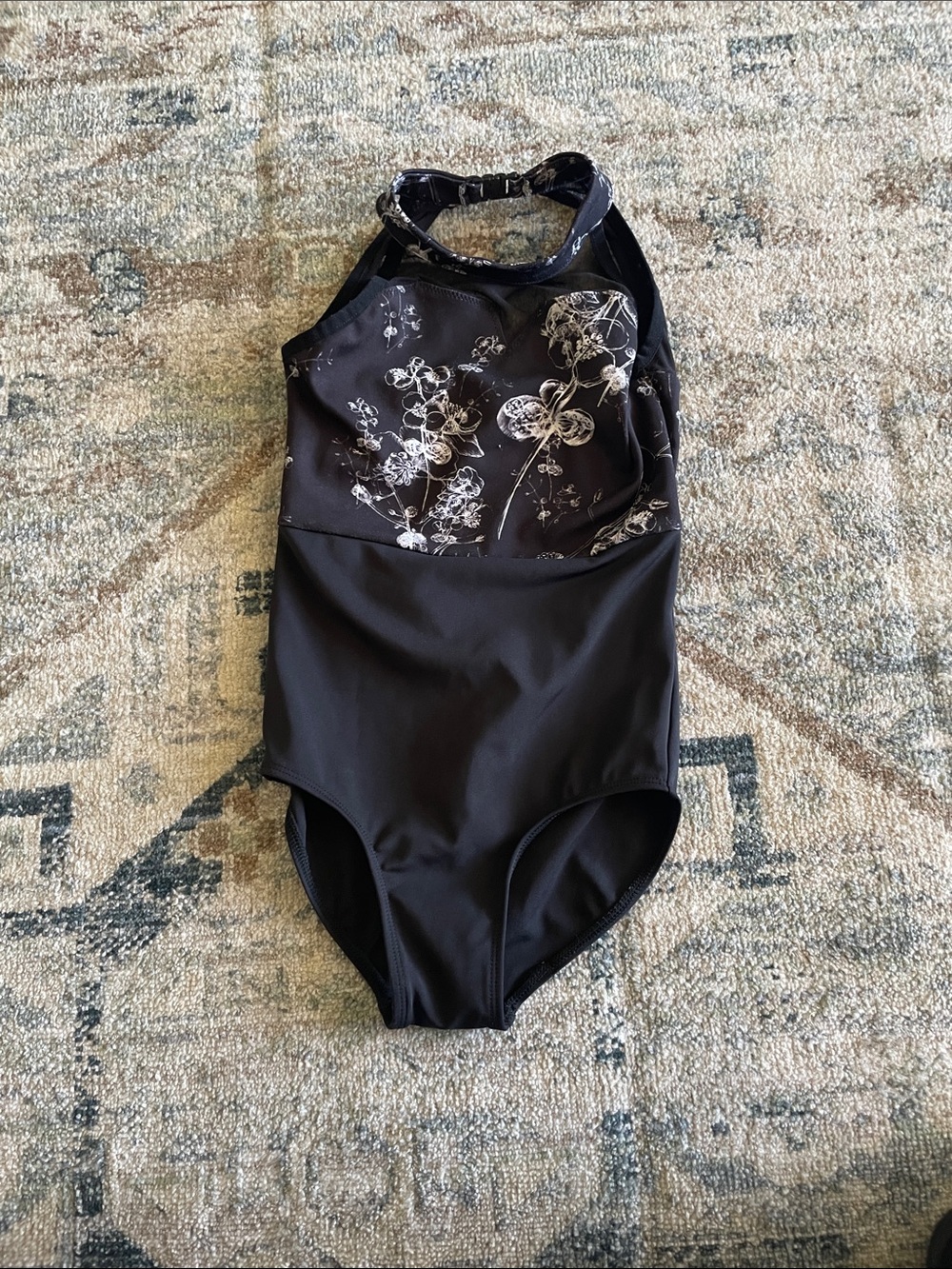 Danz N Motion Girls Black Floral High-Neck One-Piece Leotard